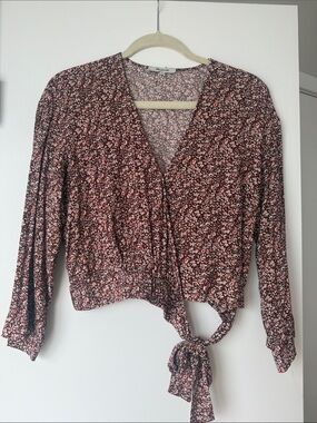 Madewell Pink and Brown Floral Tie-Front Blouse